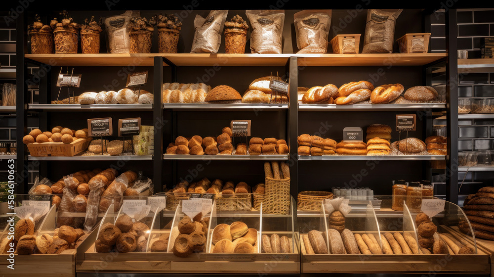 An organic, eco-friendly vegan grocery and bakery store featuring a wooden wall and parquet floor, offering a variety of bread, buns, and snacks on shelves for a healthy shopping lifestyle, perfect fo - obrazy, fototapety, plakaty 