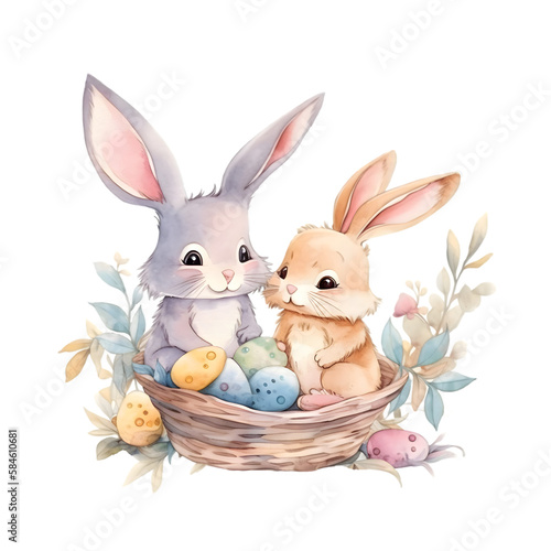 two happy bunnies sitting in a basket of colorful easter eggs. Cute easter watercolor illustration. Isolated. .Generative AI