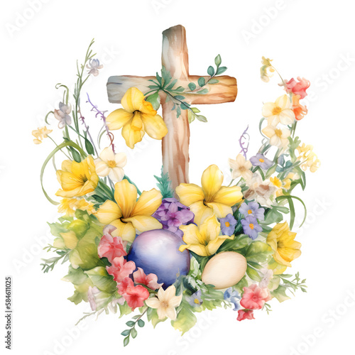 A cross with spring flowers and easter eggs. Christian easter decoration. Isolated. .Generative AI
