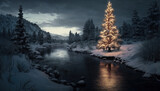 Santa's Christmas Trees and Snow Small House and River and Dark Clouds on Small Forest Landscape AI Generative