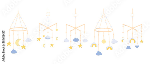 Set Baby toy mobile. Vector illustration.Collection toy in flat style. Hand drawn hanging children toy.