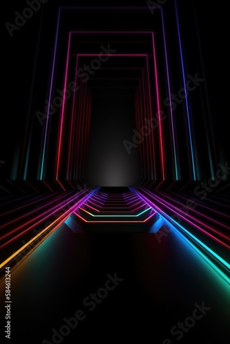 Black stage background with neon lamp. Glowing futuristic product display stand podium Against Background, neon geometric shape for product display presentation.