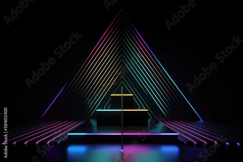 Black stage background with neon lamp. Glowing futuristic product display stand podium Against Background, neon geometric shape for product display presentation.