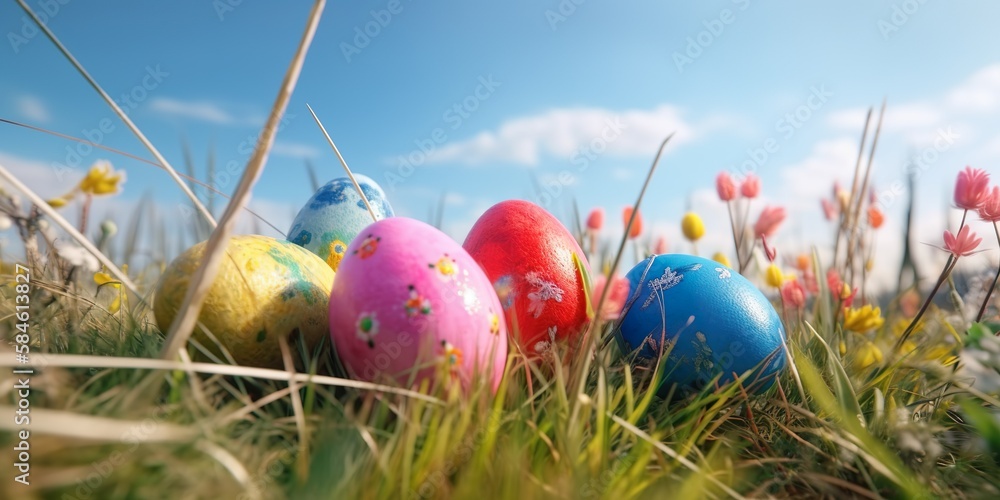 Bunte frühlingswiese. Die Bedeutung von Ostereiern als Symbol des