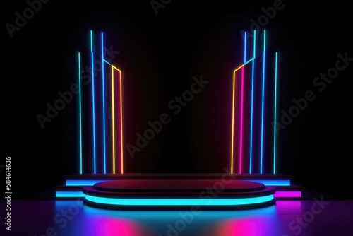 Black stage background with neon lamp. Glowing futuristic product display stand podium Against Background  neon geometric shape for product display presentation.