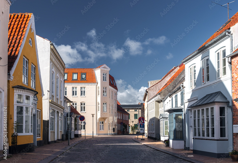 Cityscape of Tønder, Southern Denmark (Syddanmark). Traditional danish old town street architecture with white houses.