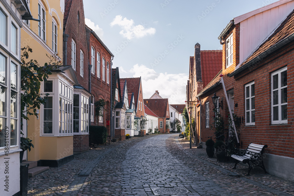 Traditional danish residential old houses along the narrow paved street. Tønder, Southern Denmark (Syddanmark). 