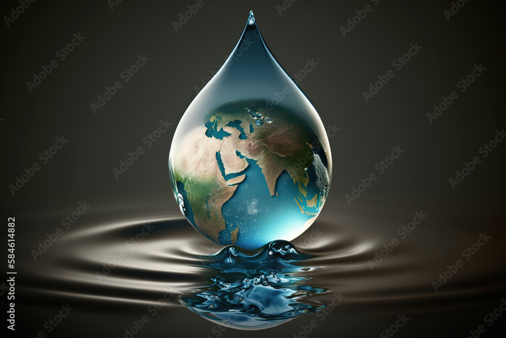 Obraz premium Water drop with planet Earth inside falling on blue sea background, Earth day, World water day concept