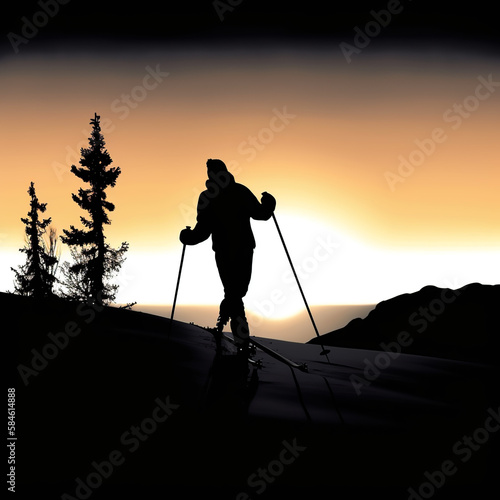 ilhouette, sport, ski, winter, skiing, vector, snow, skier, people, illustration, sports, golf, action, black, player, fun, cold, competition, boy, mountain, extreme, activity, generated ai © Eugene