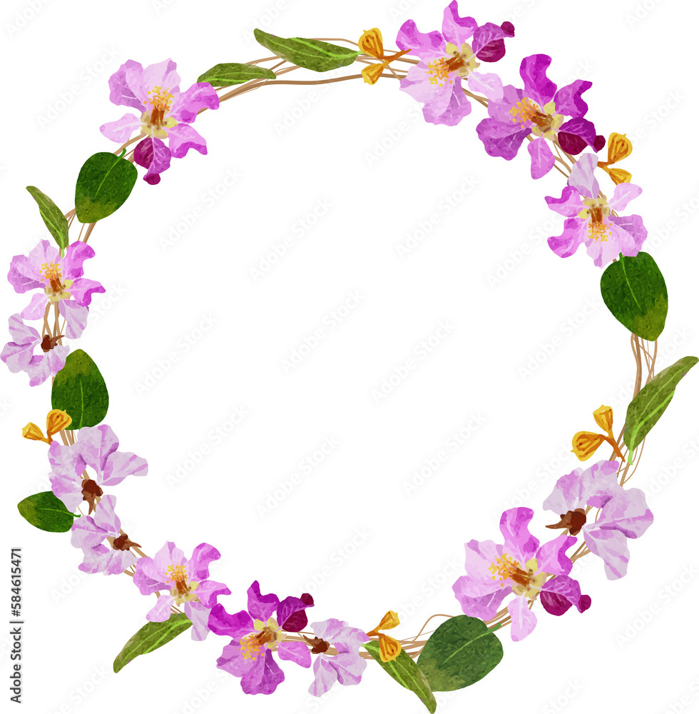 watercolor purple Thai queens flower bouquet wreath frame watercolor purple Thai queens flower bouquet wreath frame