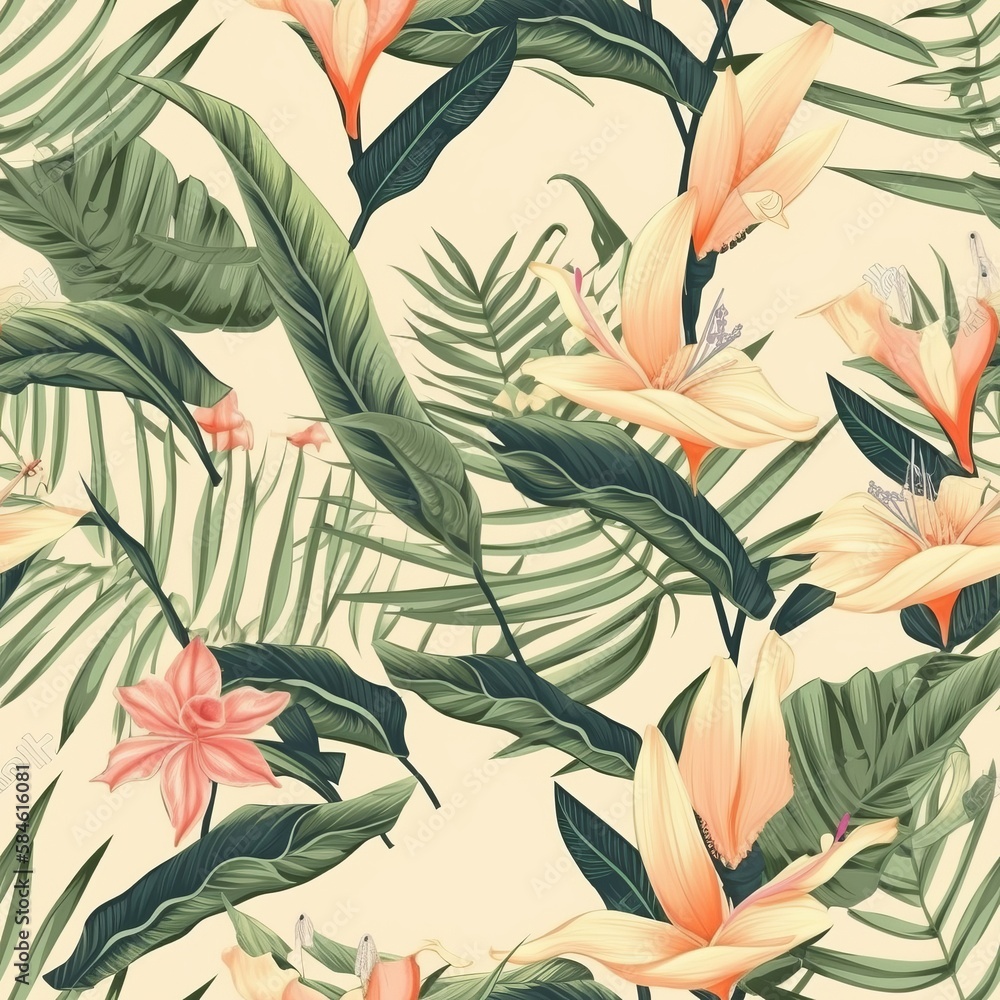 Seamless pattern wallpaper with tropical palm tree leaves, bird of ...