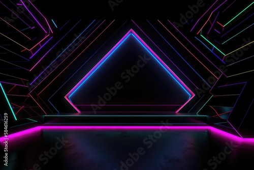 Black stage background with neon lamp. Glowing futuristic product display stand podium Against Background, neon geometric shape for product display presentation. © PimPhoto