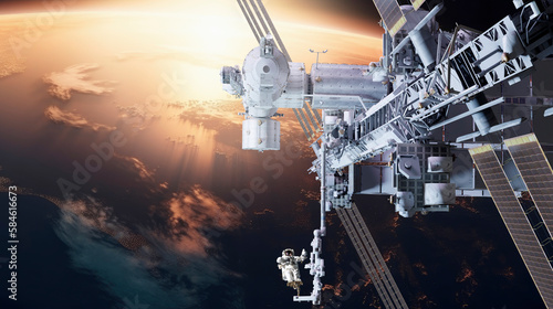 International Space Station with astronauts over the planet Earth. 3d rendering. Elements of this image furnished by NASA