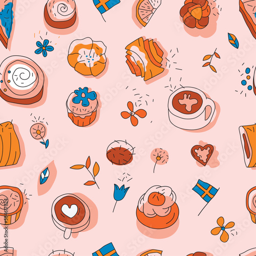 Coffee break decorative pattern. Fika background idea