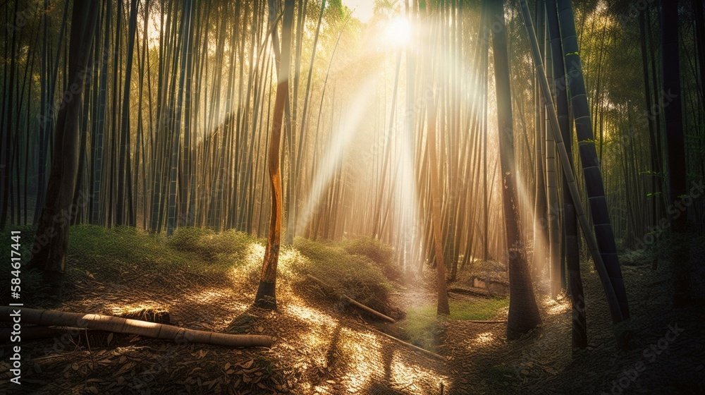 Naklejka premium A serene bamboo forest in China with rays of sunlight shining through Generative AI