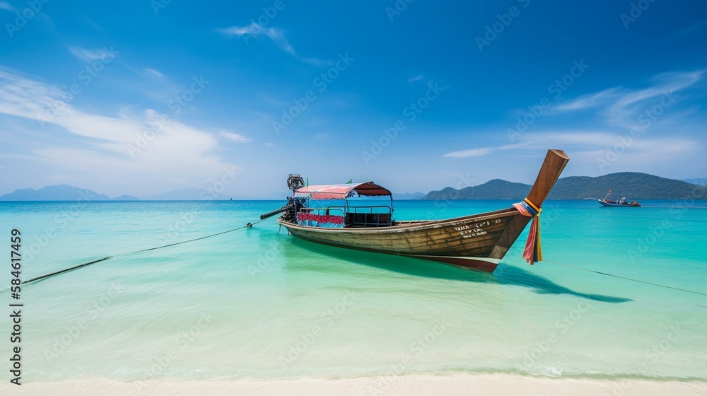 A colorful Thai long-tail boat floating on the clear blue waters of a beach Generative AI A colorful Thai long-tail boat floating on the clear blue waters of a beach Generative AI