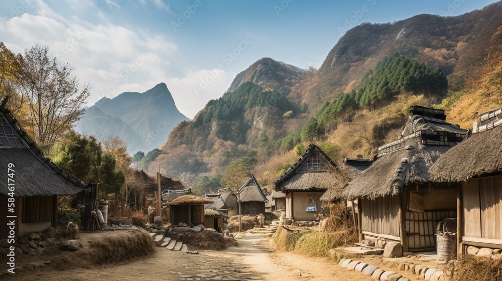 A traditional Korean folk village with thatched roof houses and a beautiful mountain backdrop Generative AI