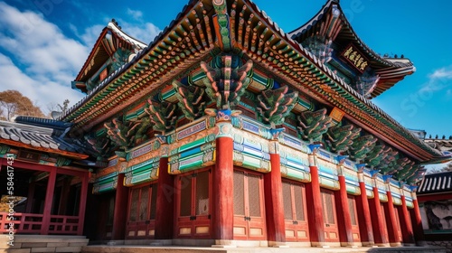 A traditional Korean palace adorned with intricate details and bright colors Generative AI