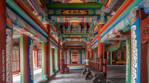 A traditional Korean palace adorned with intricate details and bright colors Generative AI