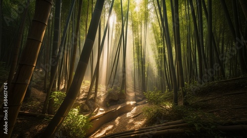A serene bamboo forest in China with rays of sunlight shining through Generative AI