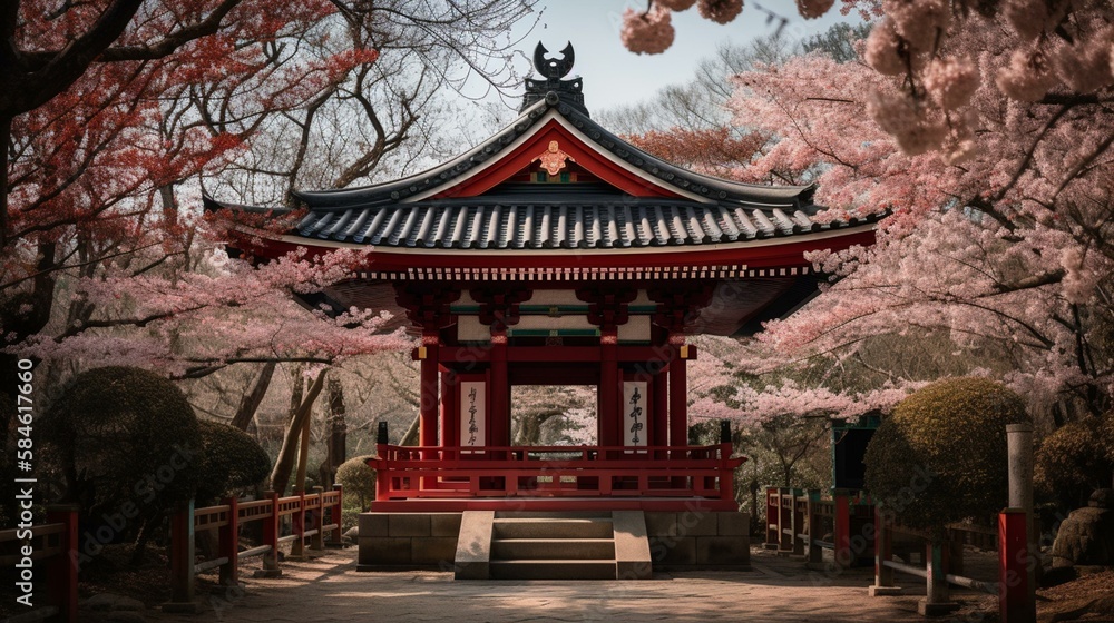 A Japanese Shinto shrine surrounded by cherry blossom trees Generative AI A Japanese Shinto shrine surrounded by cherry blossom trees Generative AI
