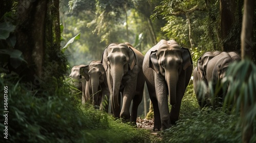 A group of Thai elephants walking through a lush jungle Generative AI © Наталья Евтехова