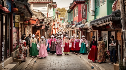 A colorful Korean street filled with traditional hanbok-wearing people Generative AI © Наталья Евтехова