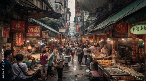 A bustling Chinese street filled with street vendors selling delicious food Generative AI © Наталья Евтехова