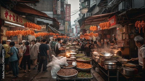A bustling Chinese street filled with street vendors selling delicious food Generative AI © Наталья Евтехова
