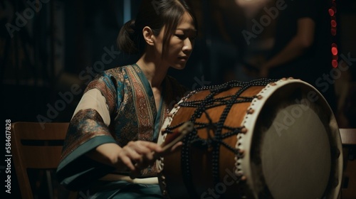 A traditional Korean drum performance with powerful beats and energy Generative AI