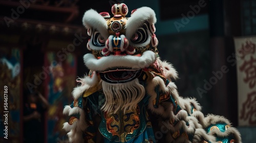 A majestic Chinese lion dance performance with intricate costumes and movements Generative AI