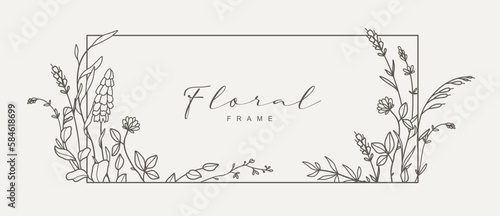 Elegant hand drawn floral frame with delicate meadow flowers, herbs, branches, plants. Vector illustration in line art style