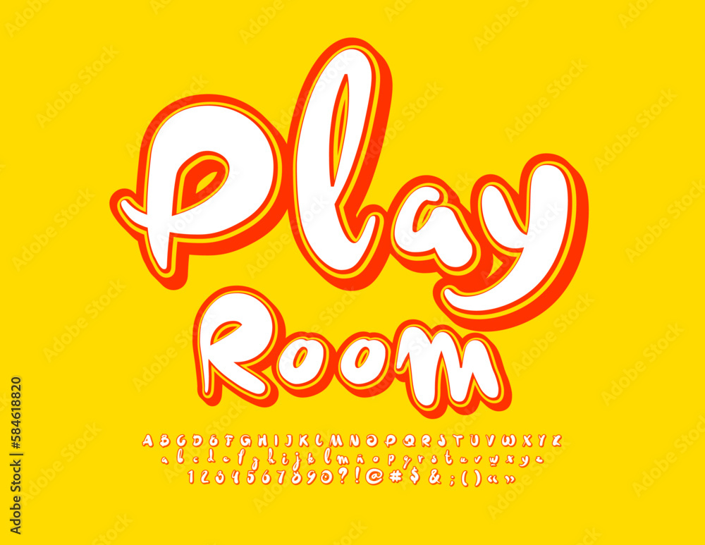 Vector creative emblem Play Room. Funny bright Font. Trendy Alphabet Letters, Numbers and Symbols