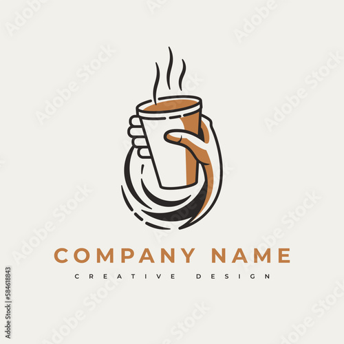 Coffee To Go Logo. Bring your reusable coffee cup. Eco friendly tableware item. Emblem with hand holding hot drink. Take away coffee design element for sign