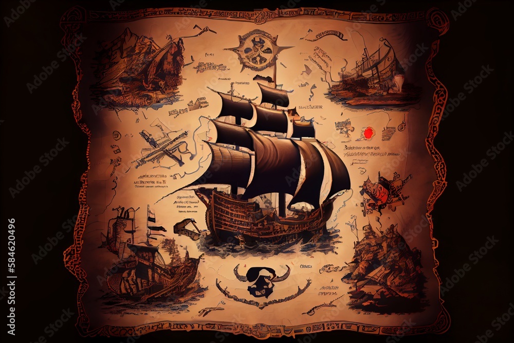 Illustration of piece of pirate treasure map with drawings of ship and ...