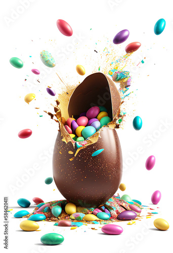 Chocolate egg exploding filled with candy-colored eggs on a white background. Generative AI