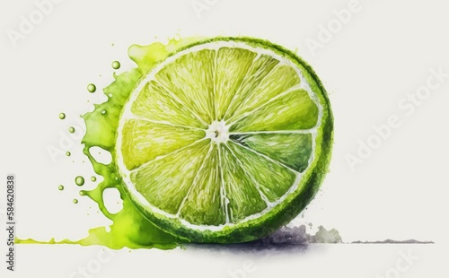 Drawn lime on white background watercolor tropical fruit organic food illustrations Generative AI