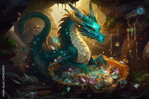 Dragon finding a treasure in a cave