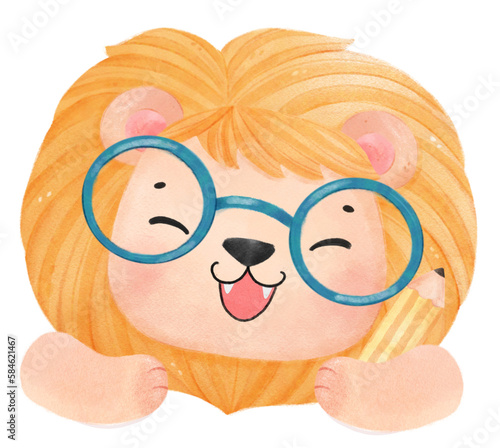 cute watercolour baby lion animal kid reading book, back to school cartoon character illustration
