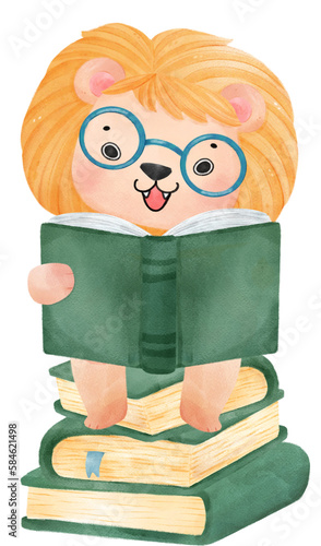 cute watercolour baby lion animal kid reading book, back to school cartoon character illustration