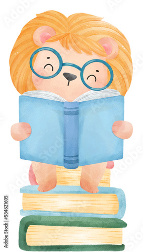 cute watercolour baby lion animal kid reading book, back to school cartoon character illustration