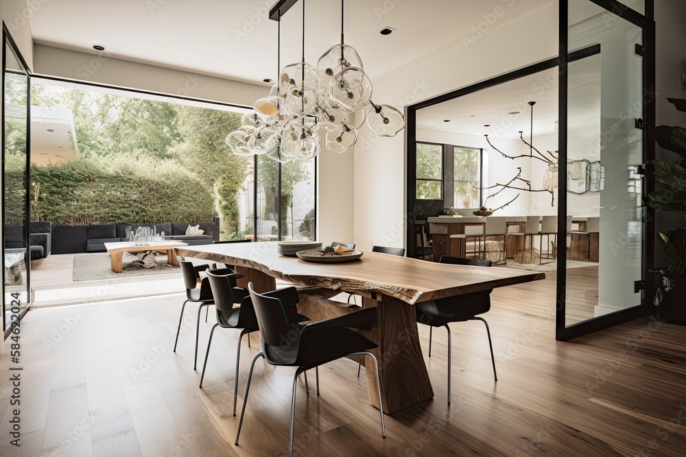 An airy and open dining room with a live edge wood dining table