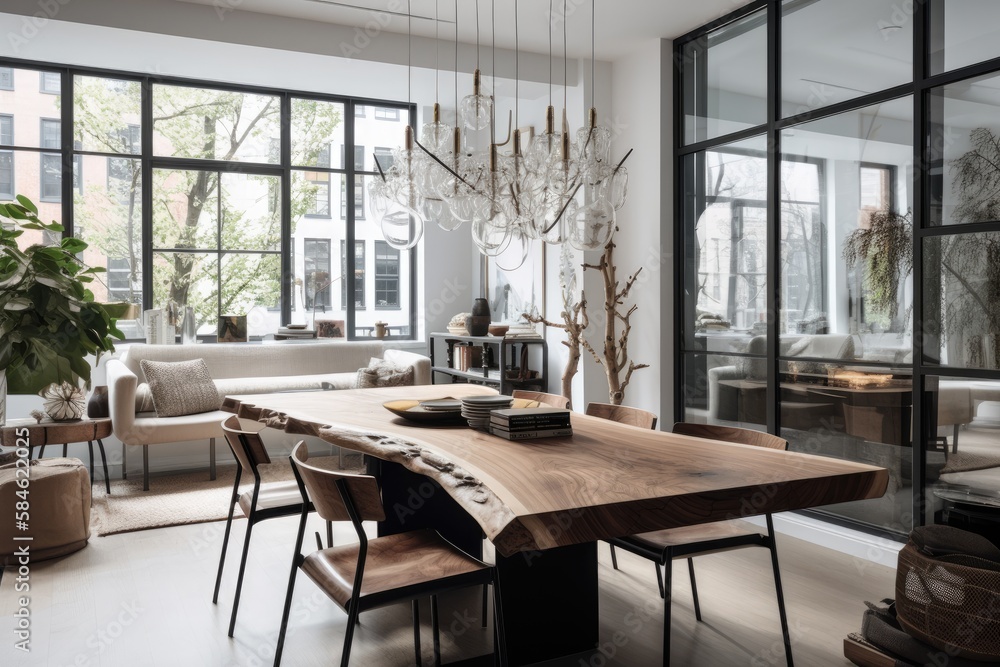 An airy and open dining room with a live edge wood dining table