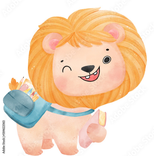 cute watercolour baby lion with Student backpack, back to school cartoon character illustration