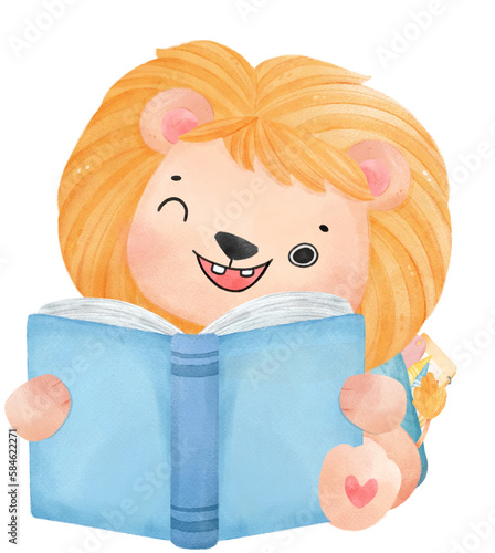 cute watercolour baby lion animal kid reading book, back to school cartoon character illustration