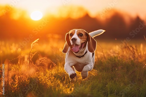 Beautiful beagle running in action on european grass, paradise sunset, close up