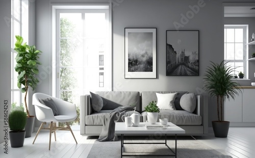 modern Interior of living room panorama with sofa, lamp and plants © aimart