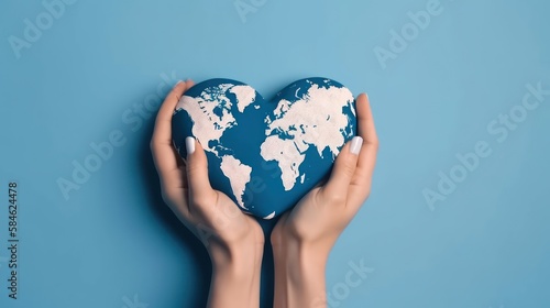 Female hands, painted in the world map, forming heart shape isolated on blue background. Generative AI
