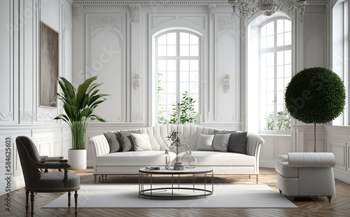 modern Interior of living room panorama with sofa, lamp and plants © aimart