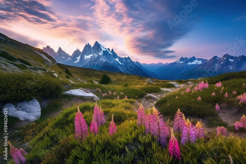 Landscape of mountains on background with pink flowers in foreground - AI Generated